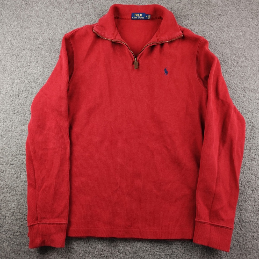 Polo Ralph Lauren Mens Medium Red 1/4 Zip Cotton Knit Pullover Sweater Preppy
